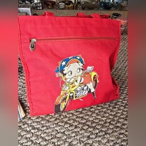 Betty Boop Motorcycle Biker Chick Zippered Red Tote Bag Purse And Pens